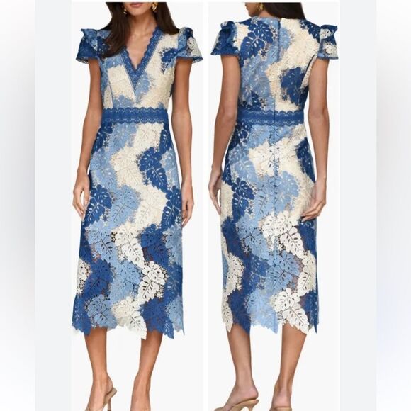 Adelyn Rae Adeline Palm Lace Midi Dress in Sapphire Blue/cream - Picture 1 of 4